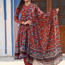 Vbuyz Ethnic Motifs Printed V-Neck Pure Cotton Anarkali Kurta With Trouser & Dupatta-image-15