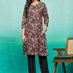 Sangria Black Floral Printed Notch Neck Straight Kurta With Trouser-53