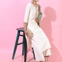 Vishudh Women Cream-Coloured Striped Layered Kurti with Palazzos & Dupatta-image-10