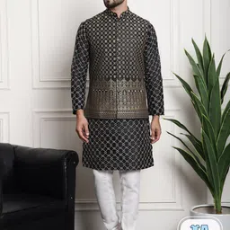 SOJANYA Ethnic Motifs Woven Design Embroidered Straight Kurta & Churidar With Nehru Jacket-16