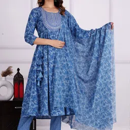 KALINI  Floral Printed Thread Work Pure Cotton Anarkali Kurta with Trousers and  Dupatta-picture-15