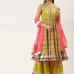 KALINI Floral Printed Regular Gotta Patti Pure Cotton Kurta with Sharara & With Dupatta-image-50