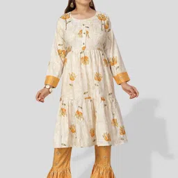 BAESD Girls Floral Printed Sequinned Tiered Pure Cotton Kurta with Trousers-image-53