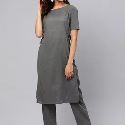 Idalia Boat Neck High-Slit Pure Cotton Kurta with Trousers-43