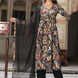 SINGNI Floral Printed Mirror Work Empire A-Line Kurta With Trousers & Dupatta-image-3