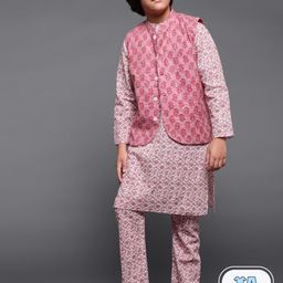 Aks Kids Boys Floral Printed Regular Pure Cotton Kurta  & Pyjama With Nehru Jacket-17