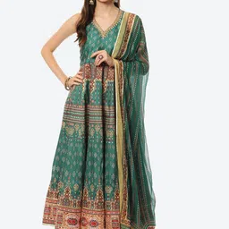 Biba Women Green Ethnic Motifs Printed Thread Work Dupion Silk Kurta With Dupatta-image-7