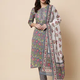 heemara Women Grey Floral Printed Pure Cotton Kurta with Trouser & With Dupatta Set-image-4