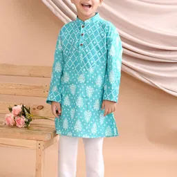 Sangria Boys Blue Floral Printed Pure Cotton Straight Kurta With Pyjama-17