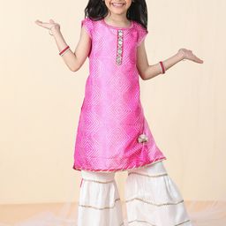 Sangria Girls Pink Ethnic Motifs Printed Pure Cotton Straight Kurta With Sharara-image-67