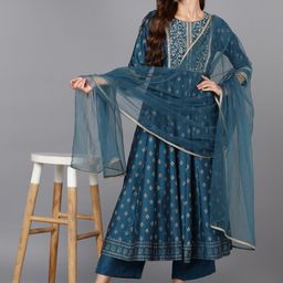 AHIKA Ethnic Motifs Printed Mirror Work Kurta with Palazzos & Dupatta-15