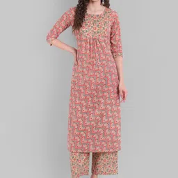 githaan Women Beige Floral Printed Patchwork Pure Cotton Kurta with Palazzos-picture-55