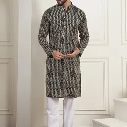 SOJANYA Floral Embroidered Mandarin Collar Pure Cotton Straight Kurta With Churidar-image-46