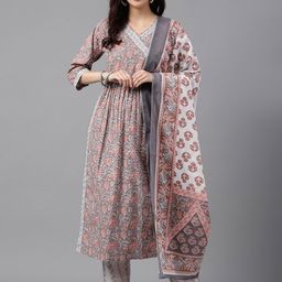KALINI  Floral Printed V-Neck Pure Cotton Anarkali Kurta with Trousers & Dupatta-picture-54