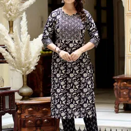 MIRAVAN Floral Printed Pure Cotton Zari Work Sweetheart Neck Straight Kurta With Palazzos-picture-41