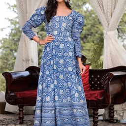 Divena Floral Printed Puff Sleeves Regular Pure Cotton Anarkali Kurta With Trousers-10