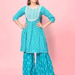 Muhuratam Girls Ethnic Motifs Printed A-Line Thread Work Pure Cotton Kurti with Sharara-image-13