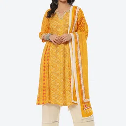Biba Plus Size Bandhani Printed Kurta With Palazzos & Dupatta-image-2