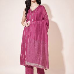 KALINI Floral Embroidered Regular Pure Silk Kurta with Trouser & Dupatta-48