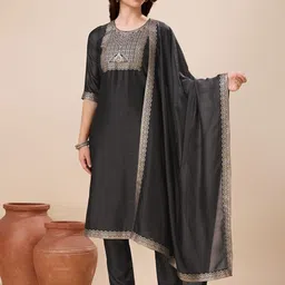 MOJILAA Geometric Woven Design Straight Kurta with Trousers & Dupatta-35