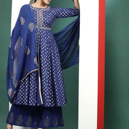 Sangria Blue Floral Embroidered Pure Cotton A-Line Kurta & Trousers With Dupatta-image-25