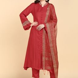HERE&NOW Regular Thread Work Kurta With Trousers & Dupatta-image-30