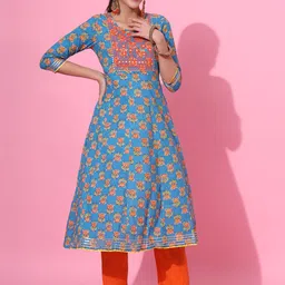 JAIPUR PRIME Floral Printed Regular Thread Work Pure Cotton Kurta With Trousers & Dupatta-18