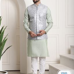 SOJANYA Woven Design Sequinned Regular Kurta With Churidar & Nehru Jacket-4