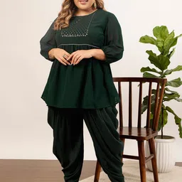 indo street Plus Size Floral Yoke Design Regular Sequinned Kurta with Dhoti Pants-picture-1