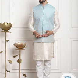 SOJANYA Ethnic Motifs Printed Silk Cotton Kurta With Churidar & Woven Design Nehru Jacket-picture-7