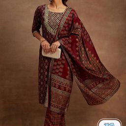 Libas Maroon Floral Printed Sequinned Kurta with Trousers & With Dupatta-picture-13
