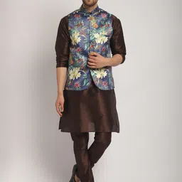 Kaifoo Mandarin Collar Kurta with Churidar & Printed Nehru Jacket-picture-11