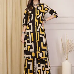Anouk Black And Yellow Geometric printed V-Neck Pure Cotton Kurta With Palazzos-50