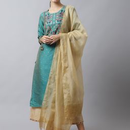 Tulsattva Women Green Embroidered Dupion Silk Kurta With Palazzo And Dupatta-42