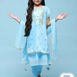Biba Girls Blue Ethnic Motifs Embroidered A-line Kurta With Churidar & Dupatta-picture-54