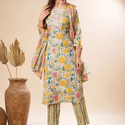 FASHOR Women Floral Printed Regular Thread Work Pure Cotton Kurta with Trousers & With Dupatta-27