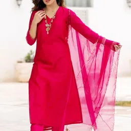Ambraee Women Pink Chanderi Cotton Kurta with Trousers & Dupatta-picture-29
