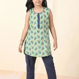 Sangria Girls Floral Printed Pure Cotton Sleeveless Kurta With Trousers-image-50