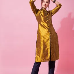 indo street Ethnic Motifs Woven Design Zari Multiple Slit A-Line Kurta with Trousers-picture-35