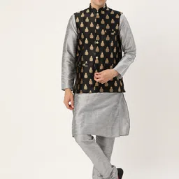 SOJANYA Mandarin Collar Straight Regular Kurta With Churidar & Nehru Jacket-picture-17