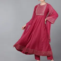 AHIKA Women Rose Yoke Design Empire Mirror Work Kurta with Trousers & With Dupatta-picture-29