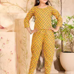 Sangria Girls Mustard Floral Printed Pure Cotton Top & Trousers-image-61