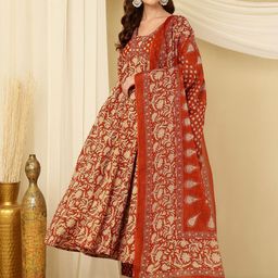 Mizaz Floral Printed Mirror Work Pure Cotton Anarkali Kurta With Trousers & Dupatta-12