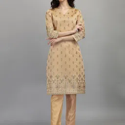 RAJGRANTH Women Beige Ethnic Motifs Printed Chanderi Silk Kurta with Trousers-picture-22