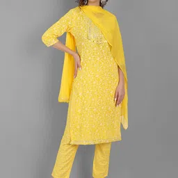 SINGNI Women Yellow Ethnic Motifs Kurti with Trousers & With Dupatta-14
