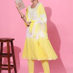 GULABI LEAF Ombre Embroidered Thread Work Pure Cotton Anarkali Kurta Set-image-64