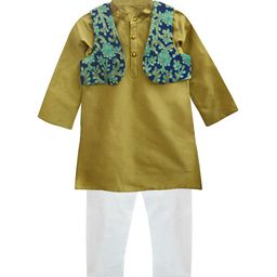 A T U N Boys Gold-Toned Empire Thread Work Kurta Pyjamas with Jacket-picture-9