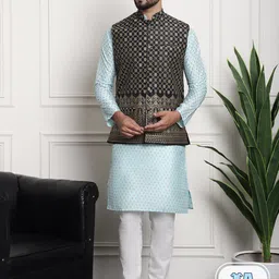 SOJANYA Woven Design Regular Kurta with Churidar & Woven Design Nehru Jacket-9