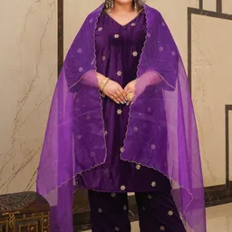 NANGALIA RUCHIRA Embroidered Velvet Kurta with Palazzos & Dupatta-picture-45