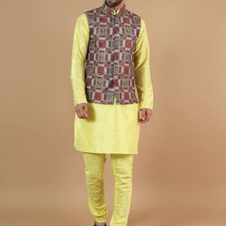 Wintage Straight Kurta with Churidar & Printed Nehru Jacket-image-16